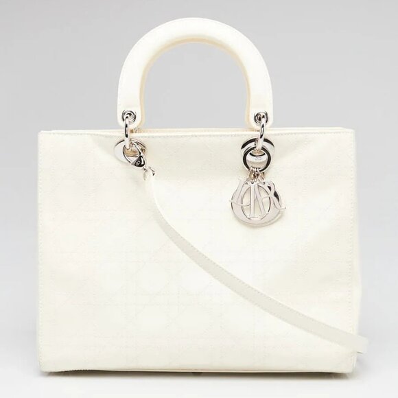 Christian Dior Dark White Cannage Quilted Patent Leather Large Lady Dior Bag - Picture 1 of 12